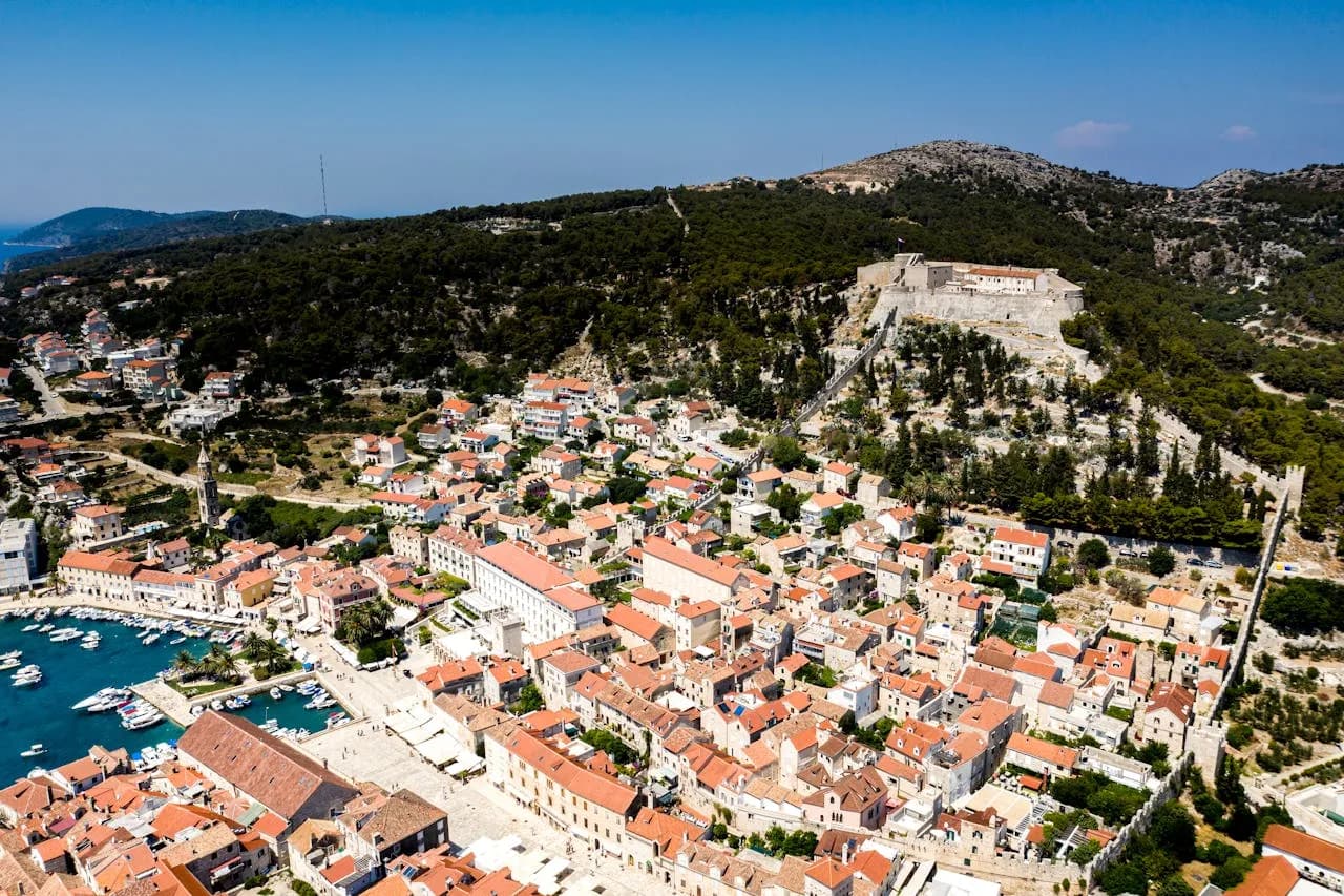 Aerial view of Hvar town and Fortica fortress on the hill, Croatia.jpg