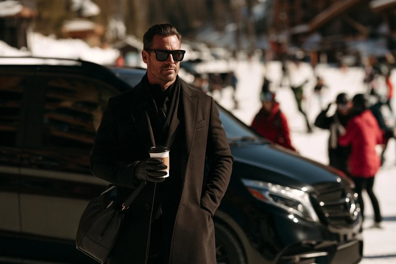 Chauffeur in a dark coat holding a coffee beside a black Mercedes V-Class at a busy ski resort